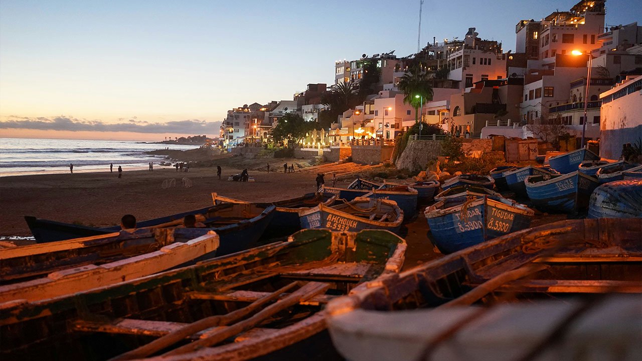 Sunset at a Moroccan beachside village.